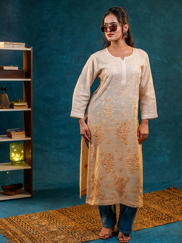 Shaded Orange Chanderi Long Kurta with Sequin Embroidery for Women | Elegant Festive Ethnic Wear