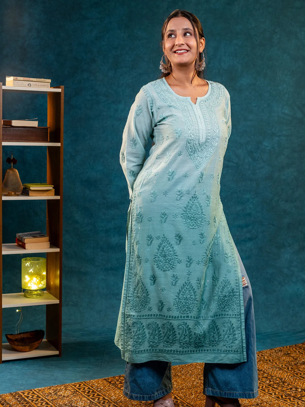 Teal Chanderi Long Kurta with Sequins