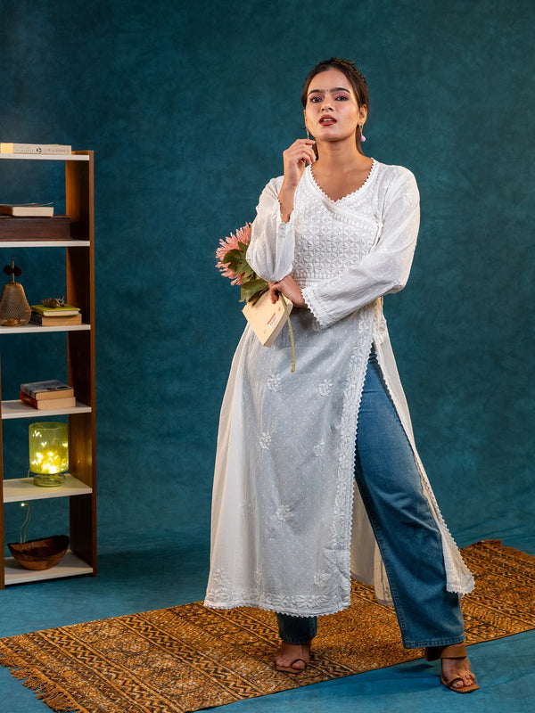 White Dobby Cotton Angrakha Kurti